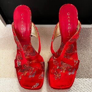 Casadei Red Metallic Embroidered Silk Satin Asian Dragon 5-Inch-High Heels Shoes